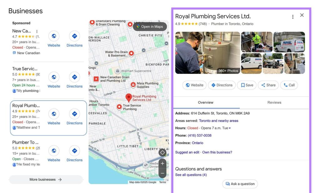 A completed Google Business Profile for a local small business
