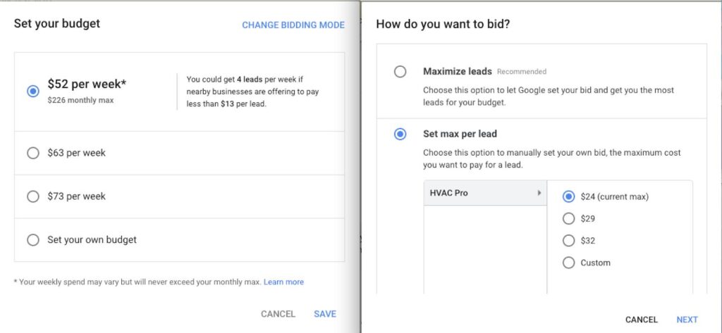 Set billing, a weekly budget, and a bidding mode