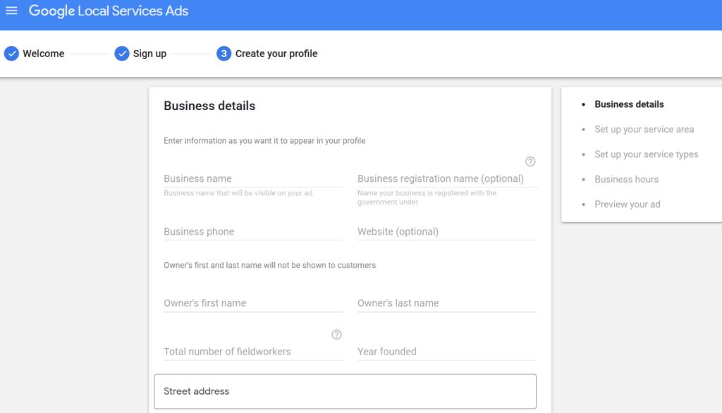 Sign up and enter your business details