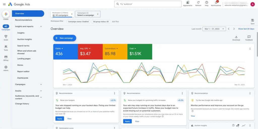 The overview shows clicks, average CPC, conversions, and cost
