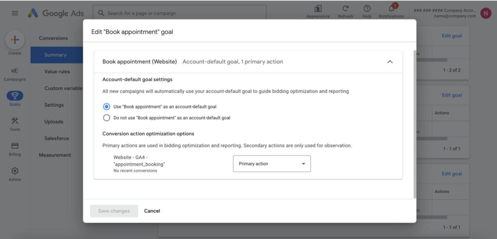 Setting "Book appointment" as the account-default goal, with a GA4 event as the primary action