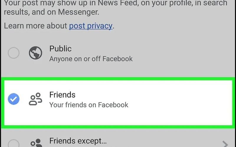 Choose your audience to restrict who can see the media, such as setting it to "Friends"